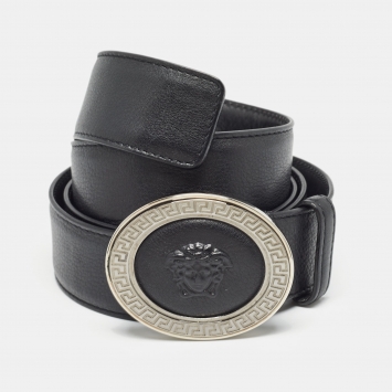 Pre Owned Versace Black Leather Medusa Oval Buckle Belt 110CM