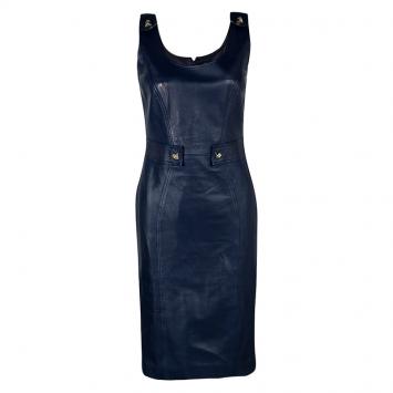مملوكة مسبقًا Versace Navy Blue Logo Detail Sleeveless Leather Dress S