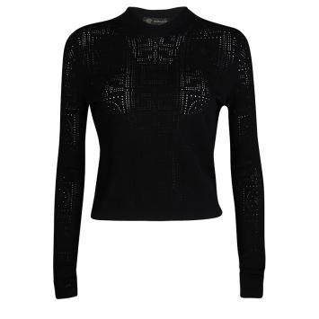 Pre Owned Versace Black Greco Perforated Knit Long Sleeve Crop Top M