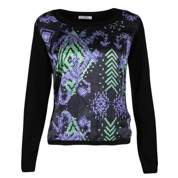 Pre Owned Versace Collection Black Knit Printed Silk Panel Detail Long Sleeve Top M