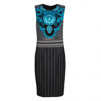 مملوكة مسبقًا Versace Black and Blue Medusa Print Pinstriped Sleeveless Dress M
