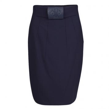 Pre Owned Versace Navy Blue Wool Medusa Leather Patch Detail Pencil Skirt M