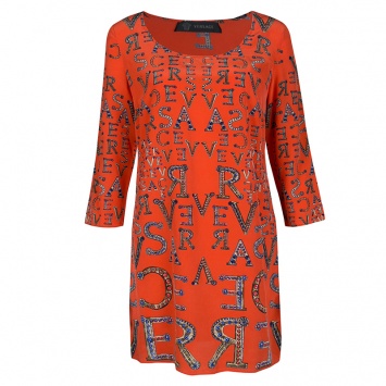 Pre Owned Versace Orange Logo Alphabet Printed Silk Long Sleeve Shift Dress M 