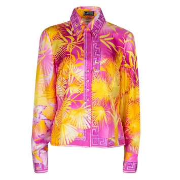 Pre Owned Gianni Versace Couture Pink and Yellow Printed Silk Long Sleeve Shirt M