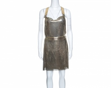 Pre Owned Gianni Versace Couture Vintage Oroton Gold Metal Mesh Bodysuit and Skirt Set M