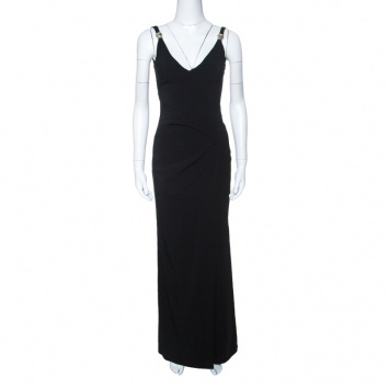 Pre Owned Versace Collection Black Logo Strap Slit Detail Draped Maxi Dress S