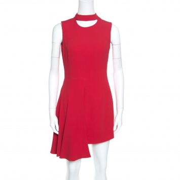 Pre Owned Versace Red Asymmetric Draped Hem Choker Neck Sheath Dress S