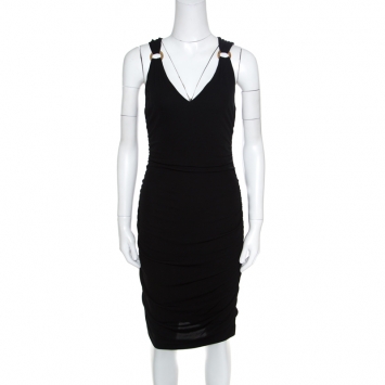 Pre Owned Versace Black Ruched Metal Ring Detail Sleeveless Bodycon Dress M