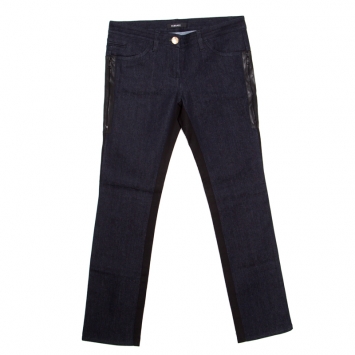 Pre Owned Versace Indigo and Black Dark Wash Denim Paneled Zip Detail Tapered Jeans S
