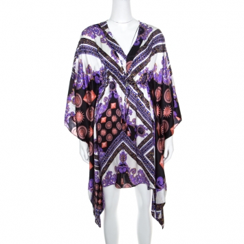 مملوكة مسبقًا Versace Collection Multicolor Sun and Crystals Motif Printed Silk Kaftan Tunic M