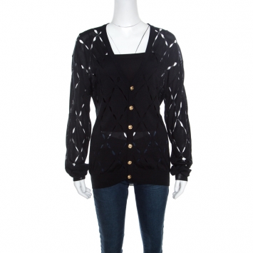 Pre Owned Versace Black Pointelle Knit Button Front Long Sleeve Cardigan XL