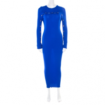 Pre Owned Versace Cobalt Blue Ribbed Wool Knit Medusa Fitted Midi Dress L