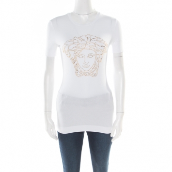 Pre Owned Versace White Crystal Embellished Medusa Icon Short Sleeve T-Shirt S