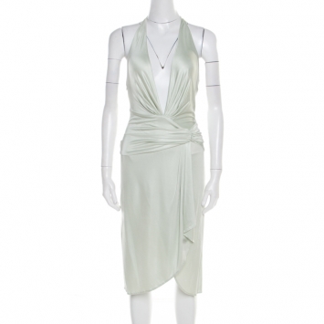 Pre Owned Versace Mint Green Draped Medusa Clasp Detail Halter Dress S