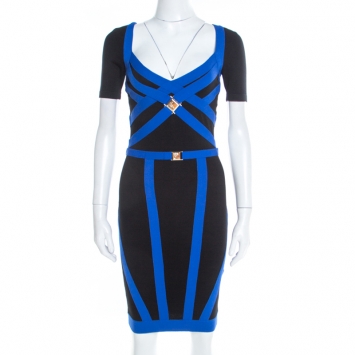 مملوكة مسبقًا Versace Collection Black Contrast Trim Knit Logo Buckle Detail Bodycon Dress S