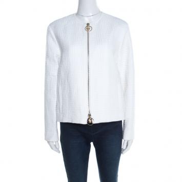 Pre Owned Versace White Cotton Linen Embossed Zip Front Jacket M