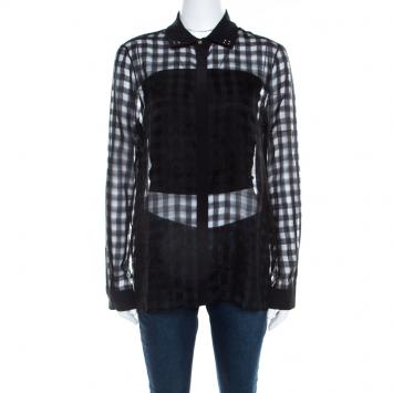 مملوكة مسبقًا Versace Black Sheer Checkered Cotton Silk Gold Medusa Button Detail Shirt S