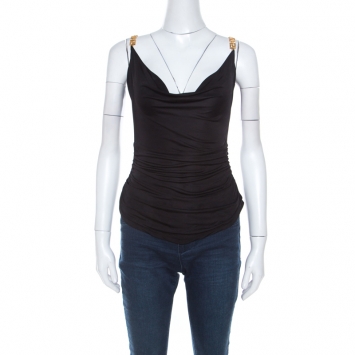 مملوكة مسبقًا Versace Black Jersey Gold Logo Chain Strap Detail Top S 