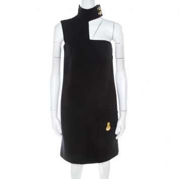 Pre Owned Versace Black Crepe Wool Asymmetric Cut Out Detail Shift Dress S