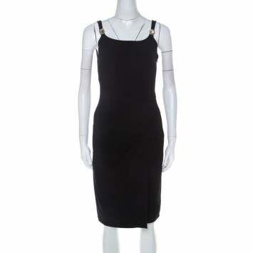 مملوكة مسبقًا Versace Collection Black Crepe Gold Embellished Draped Detail Sleeveless Dress S