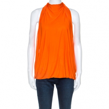 Pre Owned Versace Orange Jersey Draped Halter Neck Top M