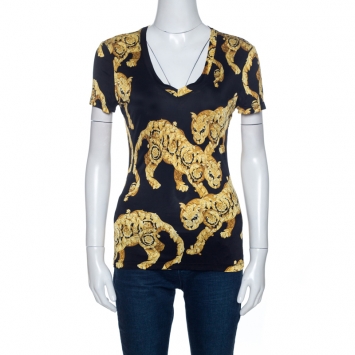 Pre Owned Versace Collection Bicolor Printed Knit V-Neck Top M