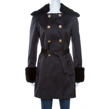 Pre Owned Versace Collection Black Rabbit Fur Trim Detail Coat M