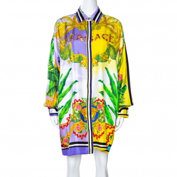 Pre Owned Versace Multicolor Beverly Palm Printed Silk Shirt Dress L
