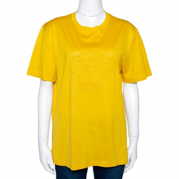 Pre Owned Versace Yellow Cotton Medusa Logo Applique Crew Neck T Shirt XL
