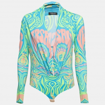 Pre Owned Versace Green Printed Crepe Long Sleeve Bodysuit S