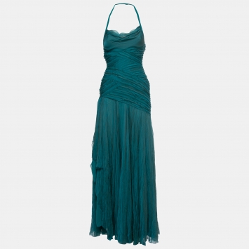 Pre Owned Versace Teal Blue Crinkled Chiffon Raw-Edge Detail Gown Dress S