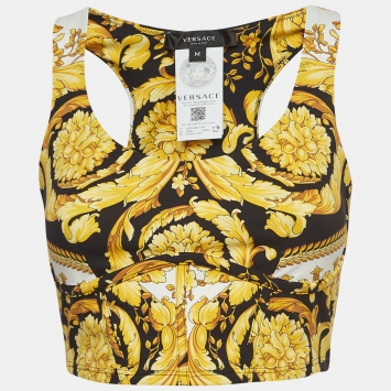 Pre Owned Versace Yellow Barocco Print Stretch Knit Crop Tank Top M