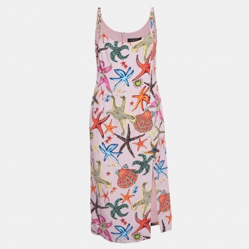 Pre Owned Versace Pink Star Print Crepe Midi Dress L