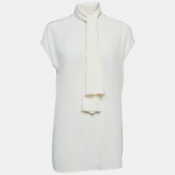 Pre Owned Versace Cream Silk Collar Knot Top M