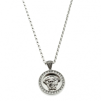 Pre Owned Versace Medusa Diamond 18k White Gold Medallion Pendant Necklace 