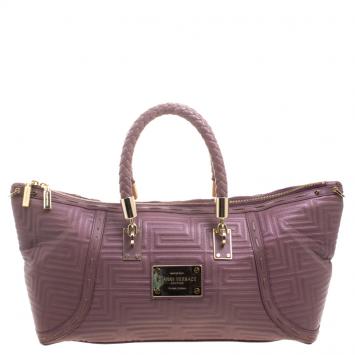 Pre Owned Versace Cedar Dark Beige Embossed Leather Braided Satchel