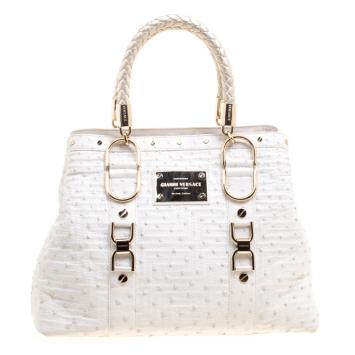Pre Owned Versace White Ostrich Leather Snap Out Of It Tote