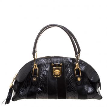 Pre Owned Versace Black Croc, Python, Calfhair and Suede Satchel