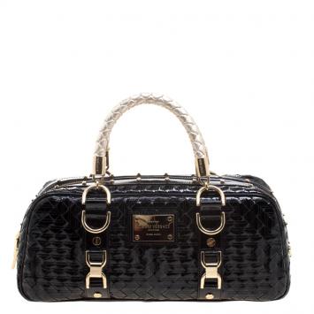 Pre Owned Versace Black Woven Patent Leather Snap Out Of It  Satchel