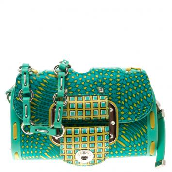 Pre Owned Versace Green/Yellow Printed Leather Crossbody Bag