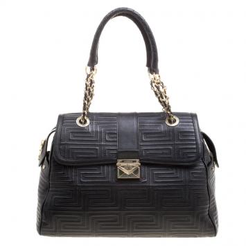 Pre Owned Versace Black Embossed Leather Braided Satchel