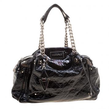 Pre Owned Versace Holographic Black Textured Patent Leather Satchel