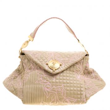 Pre Owned Versace Beige/Pink Quilted Barocco Leather Top Handle Bag