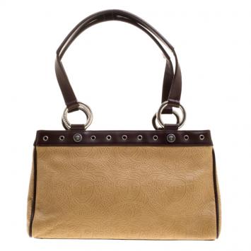 Pre Owned Versace Beige and Brown Medusa Embossed Leather Tote