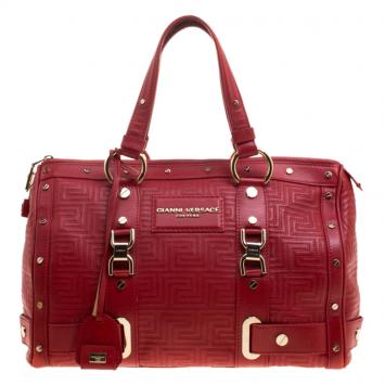 Pre Owned Versace Red Quilted Leather Studded Satchel