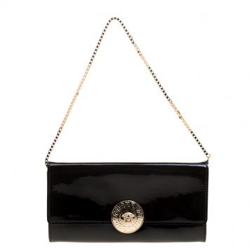 Pre Owned Versace Black Patent Leather  Medusa Logo Chain Clutch