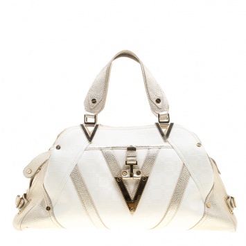 Pre Owned Versace White/Light Gold Canvas and Leather Satchel 