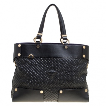 Pre Owned Versace Black Textured Leather Medusa Tote