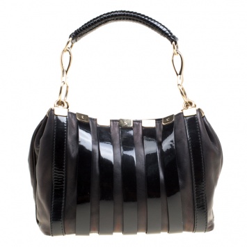 Pre Owned Versace Black Leather and Patent Stripe Logo Shoulder Bag