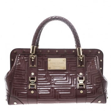 مملوكة مسبقًا Versace Dark Beige Quilted Patent Leather Snap Out of It Satchel 
